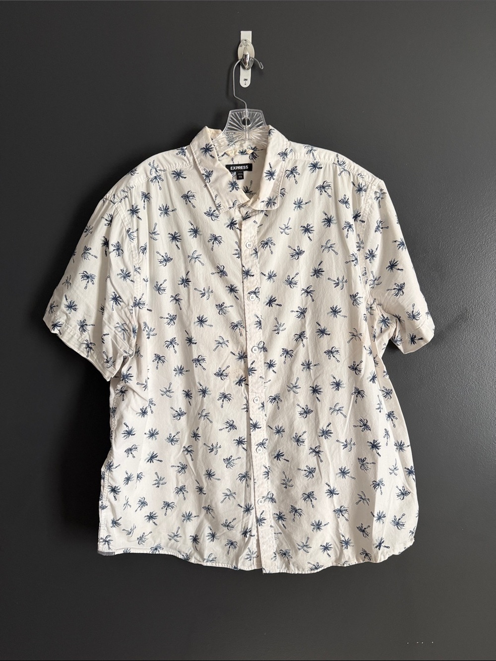 Express White Short-Sleeve Button-Up with Blue Palm Print